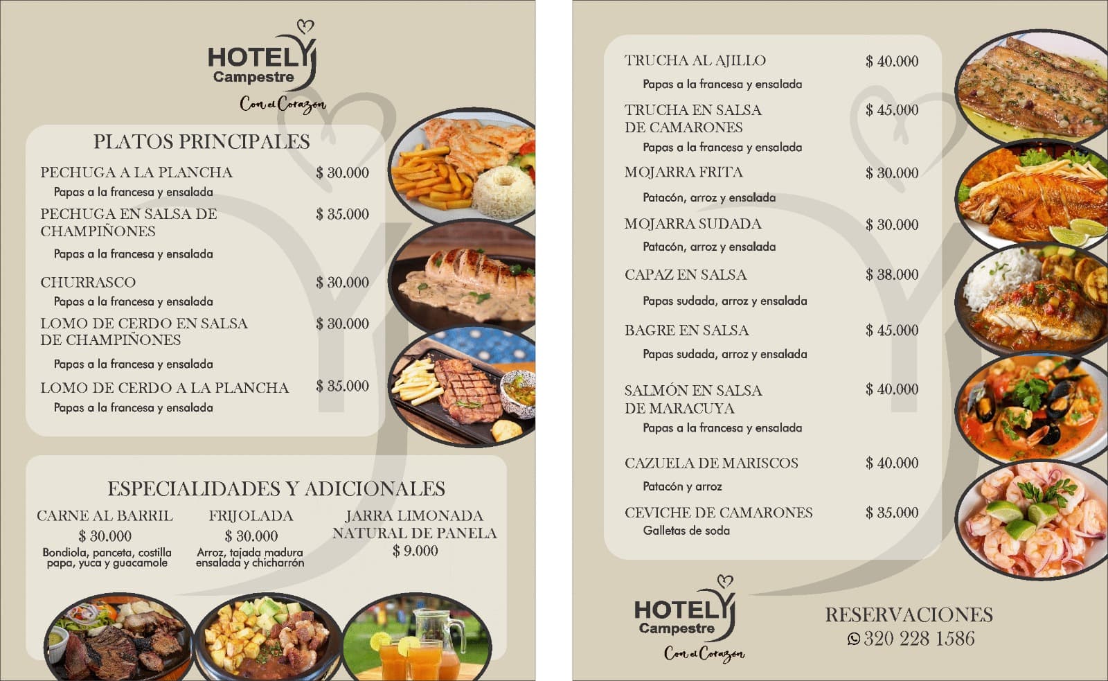 Carta de platos principales y especialidades